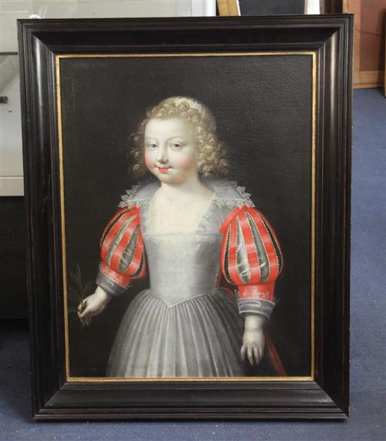 English School c.1627 Three quarter length portrait of girl, in a white dress with red doublet, holding an olive branch 24.5 x 18.5in.